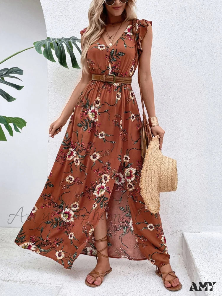 Amy Fashion - Floral Print Ruffle Trim Slit Thigh Dress Without Belt