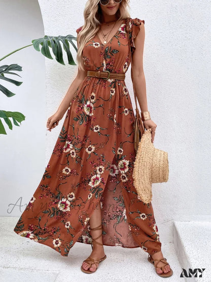 Amy Fashion - Floral Print Ruffle Trim Slit Thigh Dress Without Belt