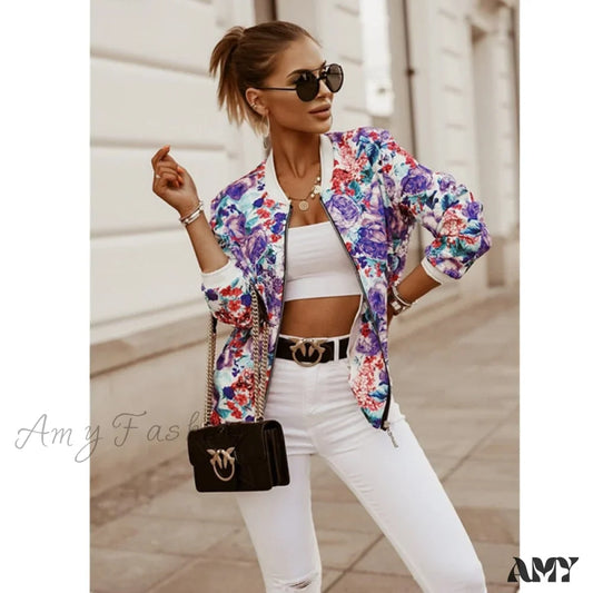 Amy Fashion - Flower Print Long Sleeve Coats