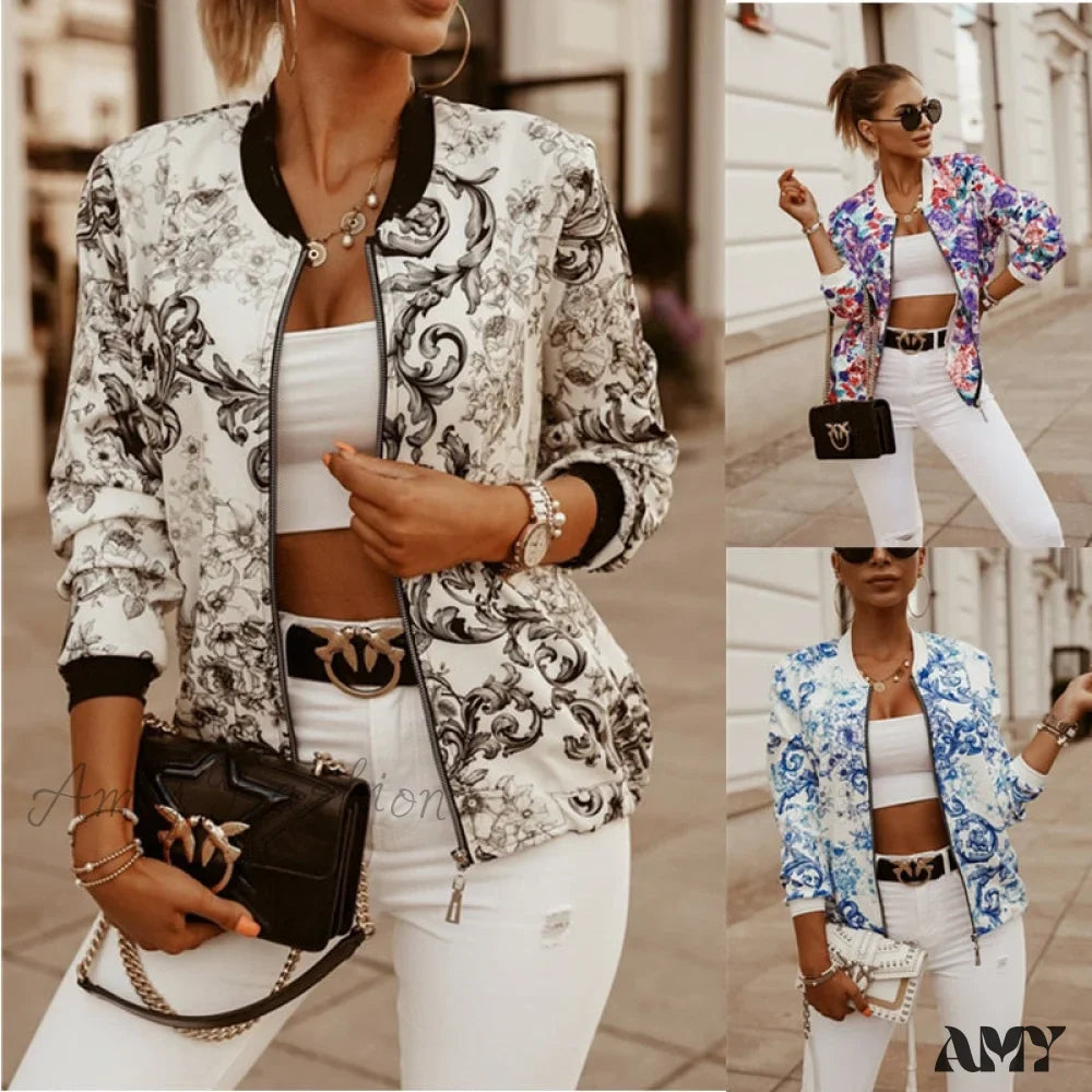 Amy Fashion - Flower Print Long Sleeve Coats