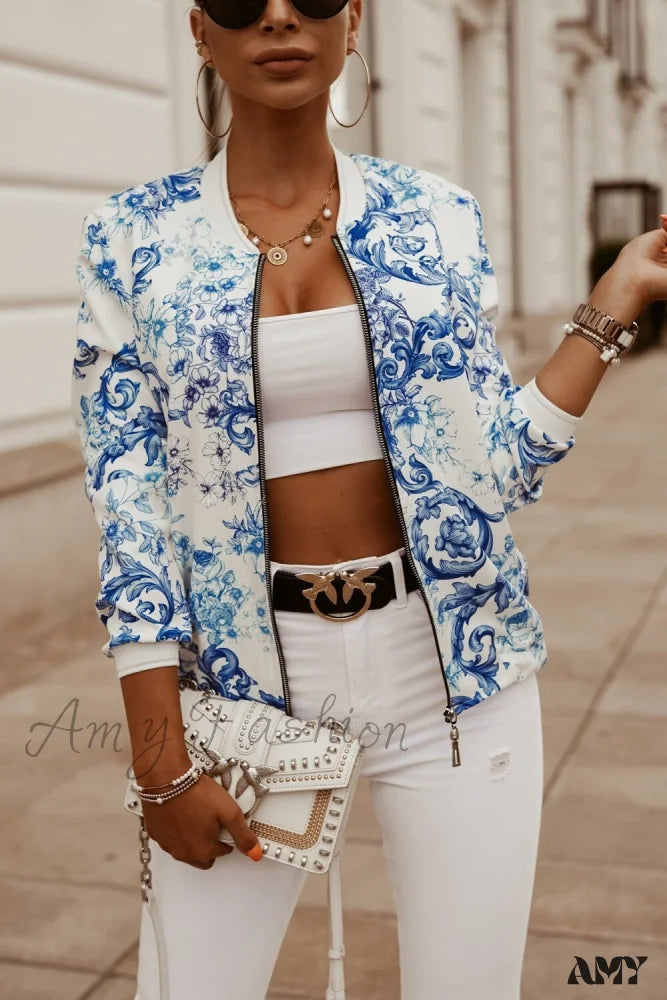 Amy Fashion - Flower Print Long Sleeve Coats