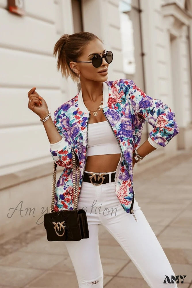Amy Fashion - Flower Print Long Sleeve Coats