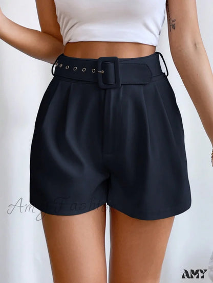 Amy Fashion - Fold Pleated Belted Wide Leg Shorts