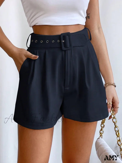 Amy Fashion - Fold Pleated Belted Wide Leg Shorts