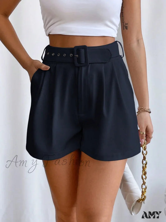 Amy Fashion - Fold Pleated Belted Wide Leg Shorts
