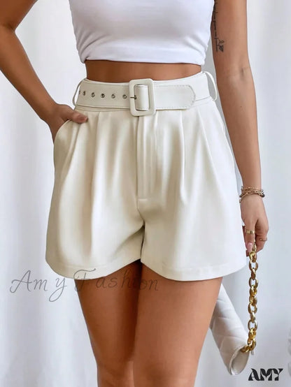 Amy Fashion - Fold Pleated Belted Wide Leg Shorts