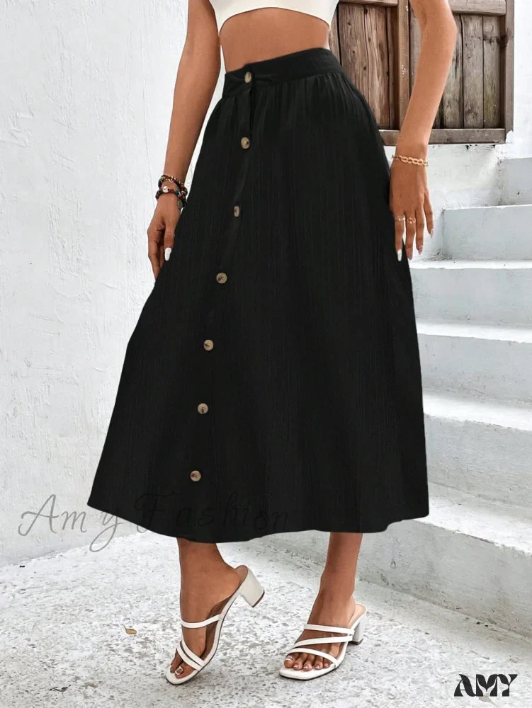 Amy Fashion - High Waist Button Detail Plisse A-line Skirt