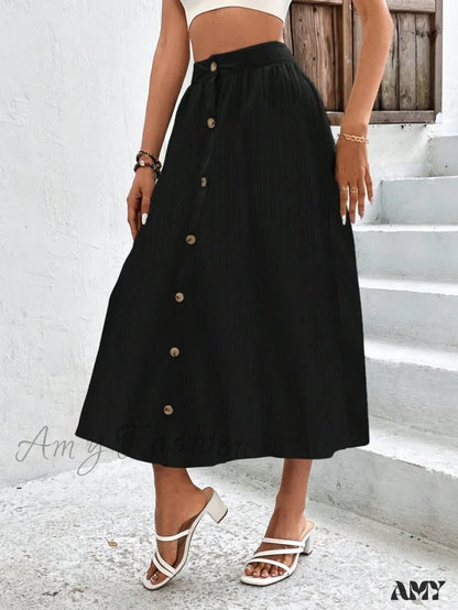 Amy Fashion - High Waist Button Detail Plisse A-line Skirt