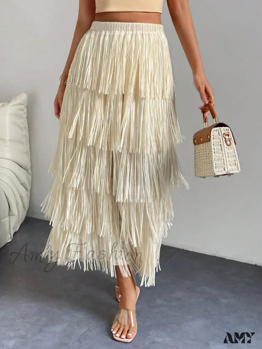 Amy Fashion - High Waist Fringe Trim Skirt