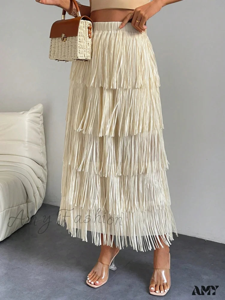 Amy Fashion - High Waist Fringe Trim Skirt