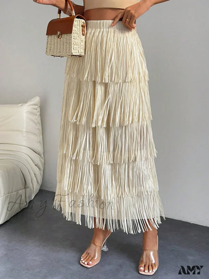 Amy Fashion - High Waist Fringe Trim Skirt