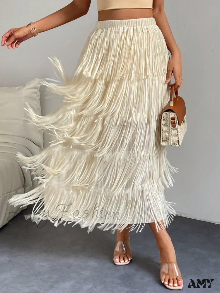 Amy Fashion - High Waist Fringe Trim Skirt