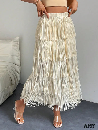 Amy Fashion - High Waist Fringe Trim Skirt