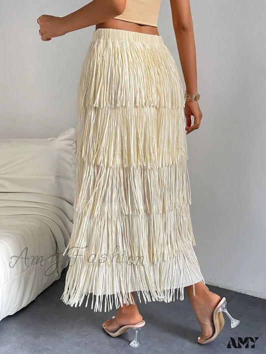 Amy Fashion - High Waist Fringe Trim Skirt