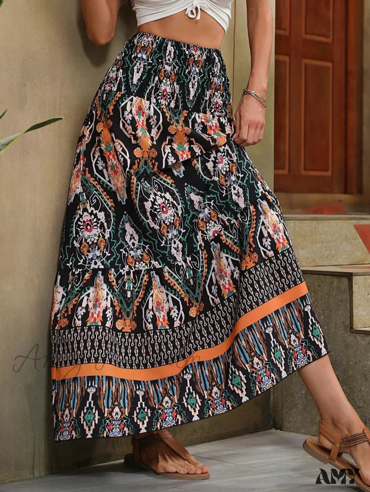 Amy Fashion - High Waist Graphic Print Ruffle Hem Skirt