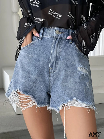 Amy Fashion - High Waist Ripped Raw Trim Denim Shorts
