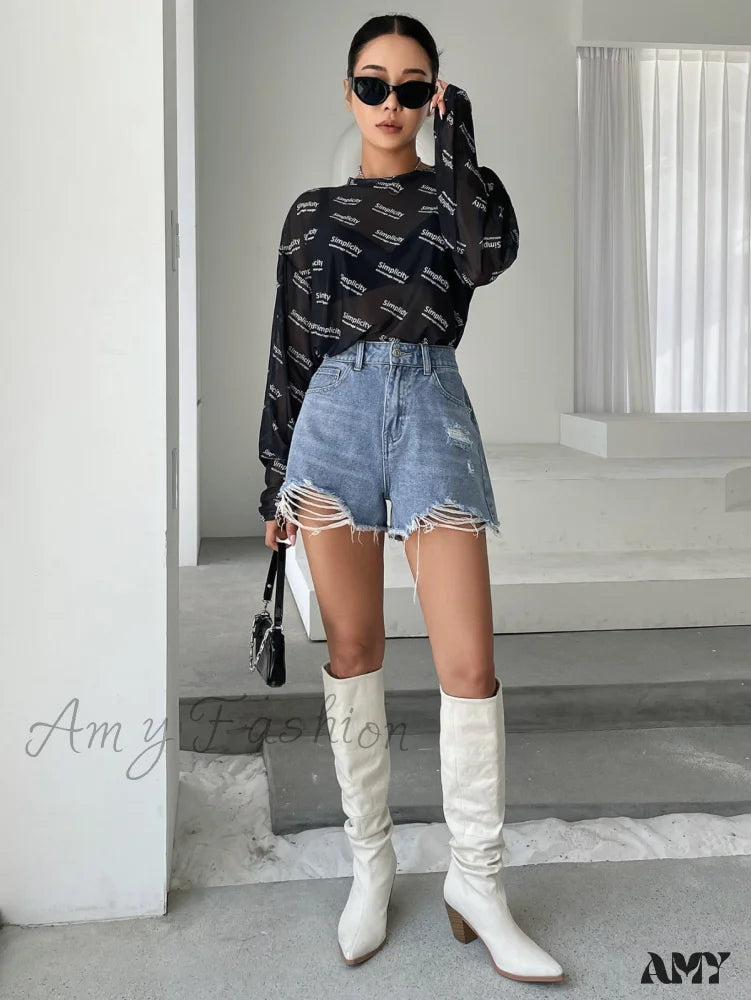 Amy Fashion - High Waist Ripped Raw Trim Denim Shorts