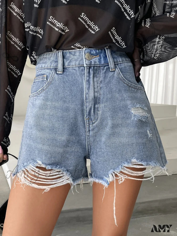 Amy Fashion - High Waist Ripped Raw Trim Denim Shorts
