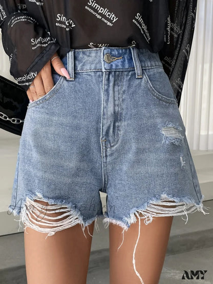 Amy Fashion - High Waist Ripped Raw Trim Denim Shorts