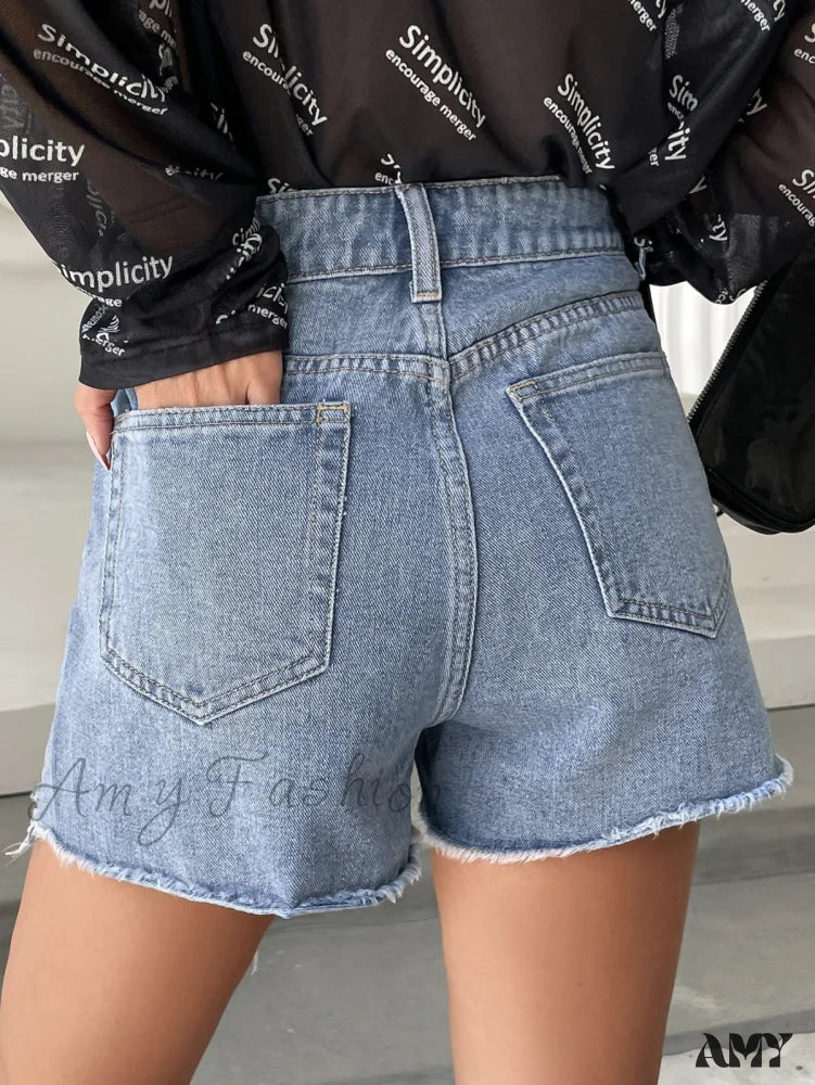 Amy Fashion - High Waist Ripped Raw Trim Denim Shorts