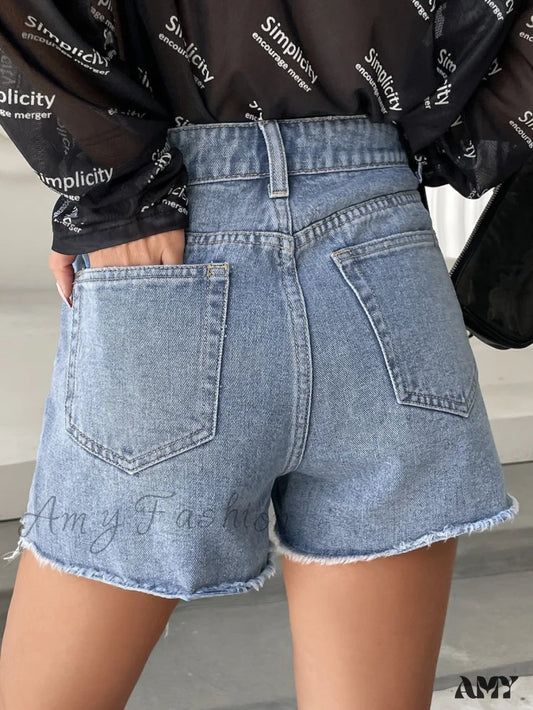 Amy Fashion - High Waist Ripped Raw Trim Denim Shorts