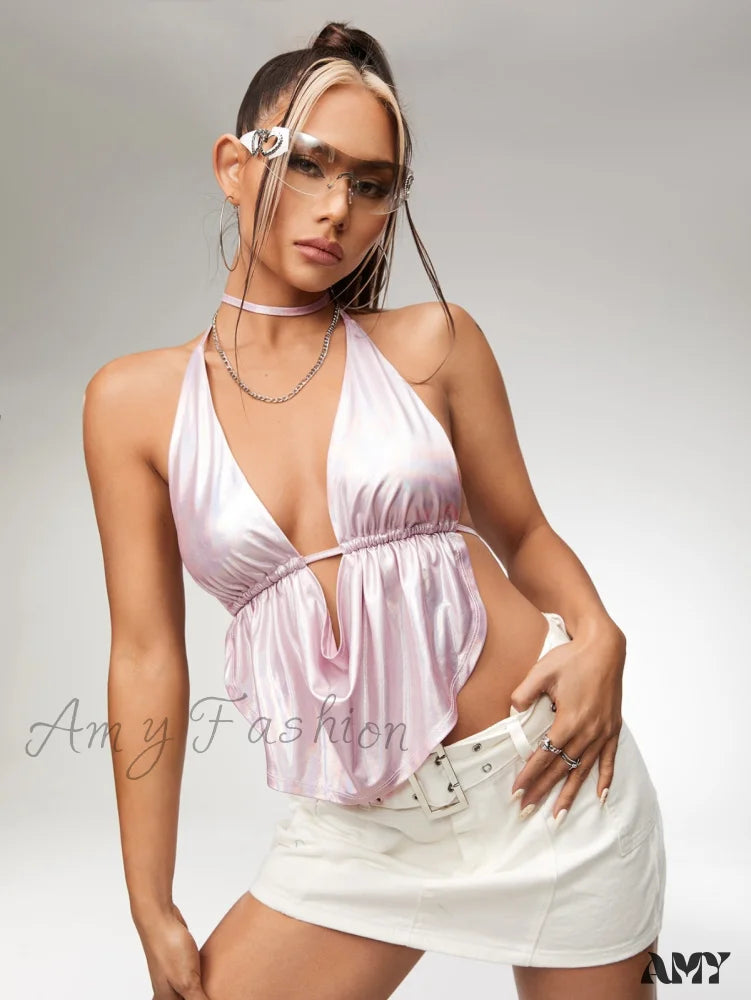 Amy Fashion - ICON Draped Front Backless Knot Hanky Hem Halter Top