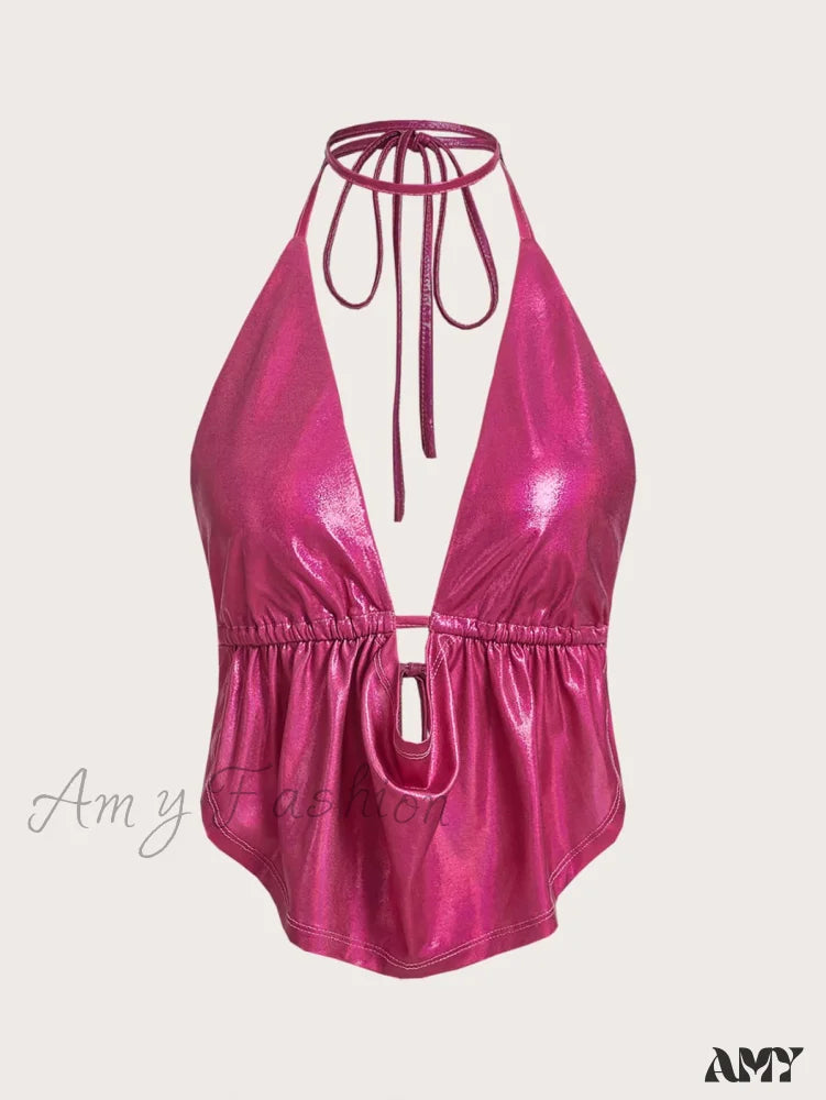 Amy Fashion - ICON Draped Front Backless Knot Hanky Hem Halter Top
