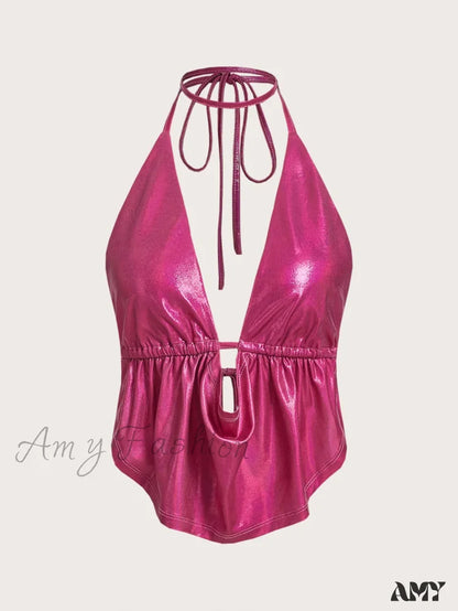 Amy Fashion - ICON Draped Front Backless Knot Hanky Hem Halter Top