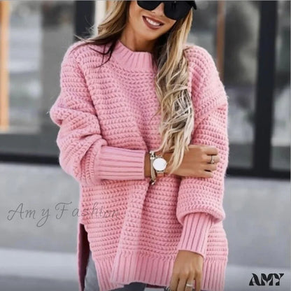 Amy Fashion - Knitted Casual O Neck Long Sleeve Fashion Sweater
