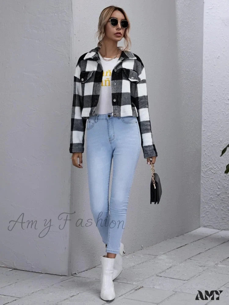 Amy Fashion - Loose Plaid Thick Coat