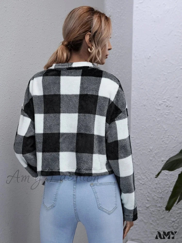 Amy Fashion - Loose Plaid Thick Coat