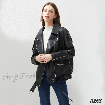 Amy Fashion - Loose Sashes Casual Biker Outwear Coat
