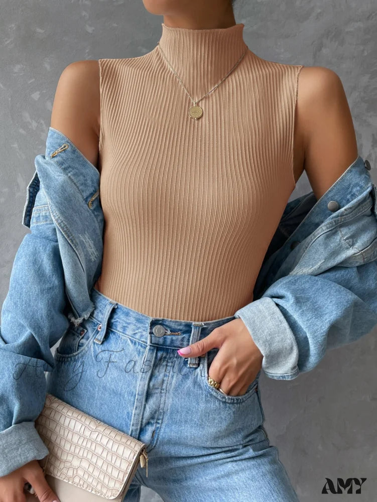 Amy Fashion - Mock Neck Ribbed Knit Tank Top