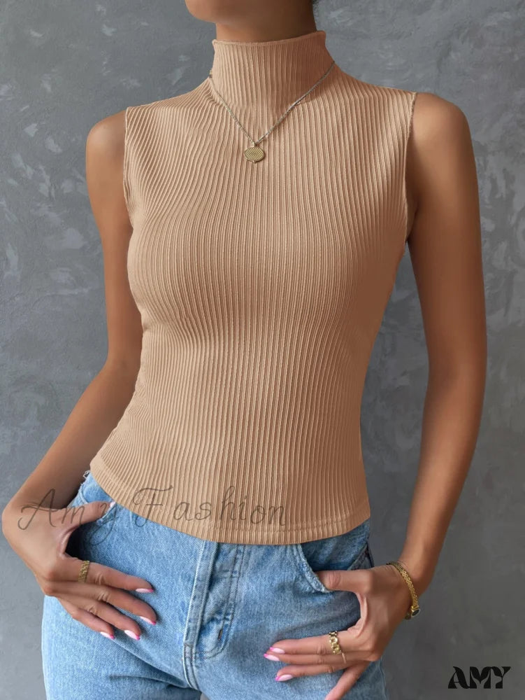 Amy Fashion - Mock Neck Ribbed Knit Tank Top