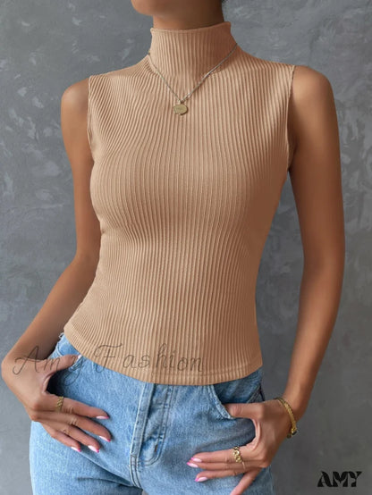 Amy Fashion - Mock Neck Ribbed Knit Tank Top