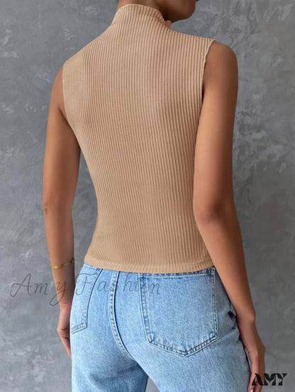 Amy Fashion - Mock Neck Ribbed Knit Tank Top