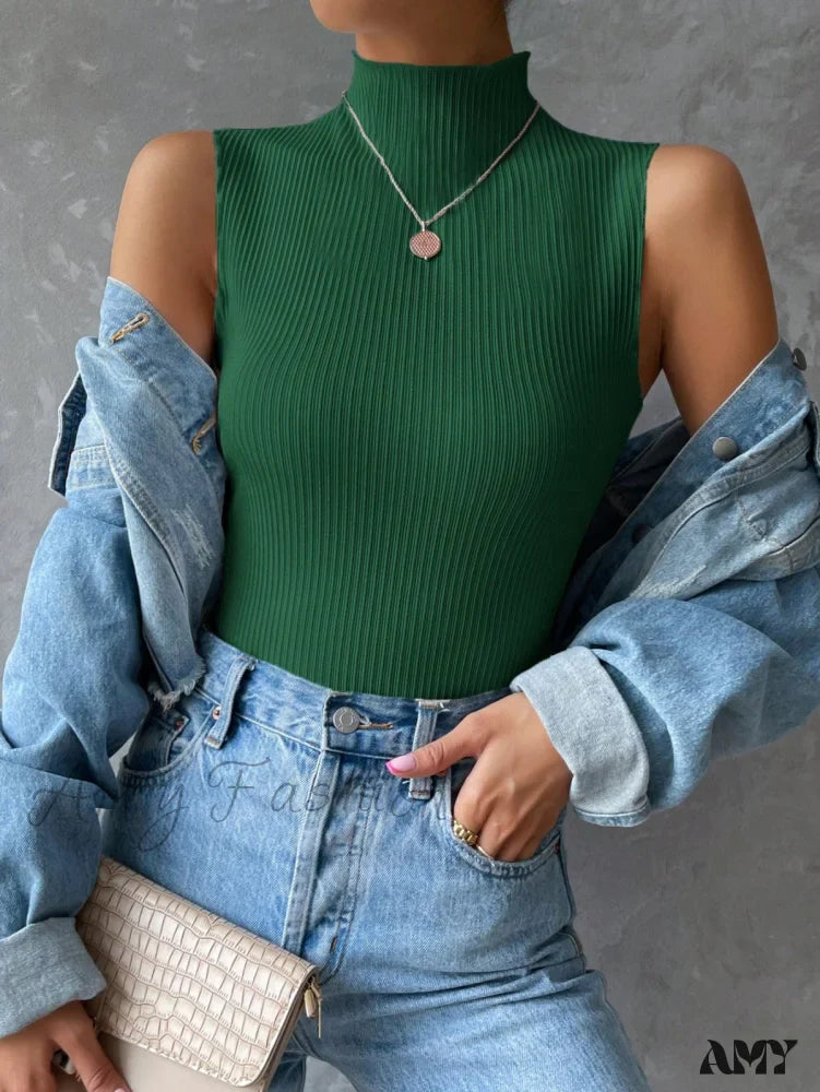 Amy Fashion - Mock Neck Ribbed Knit Tank Top
