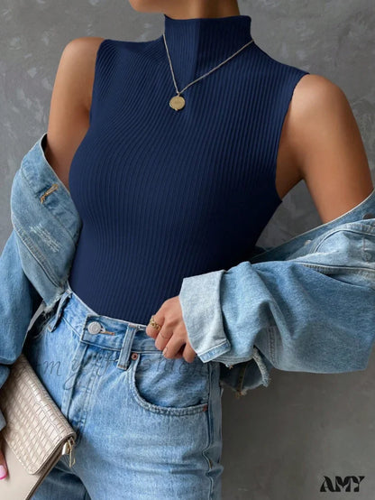 Amy Fashion - Mock Neck Ribbed Knit Tank Top