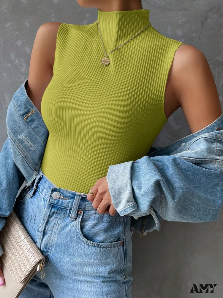 Amy Fashion - Mock Neck Ribbed Knit Tank Top