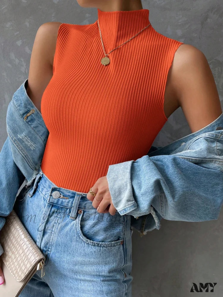Amy Fashion - Mock Neck Ribbed Knit Tank Top