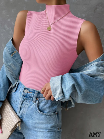 Amy Fashion - Mock Neck Ribbed Knit Tank Top
