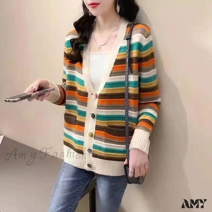 Amy Fashion - Multicolor Stripped Print Cardigan