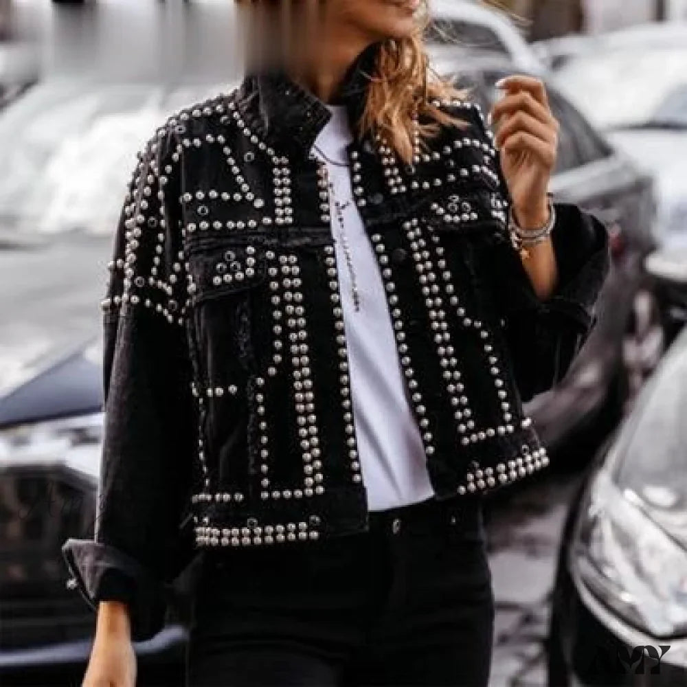 Amy Fashion - Outwear Studded Denim Coat