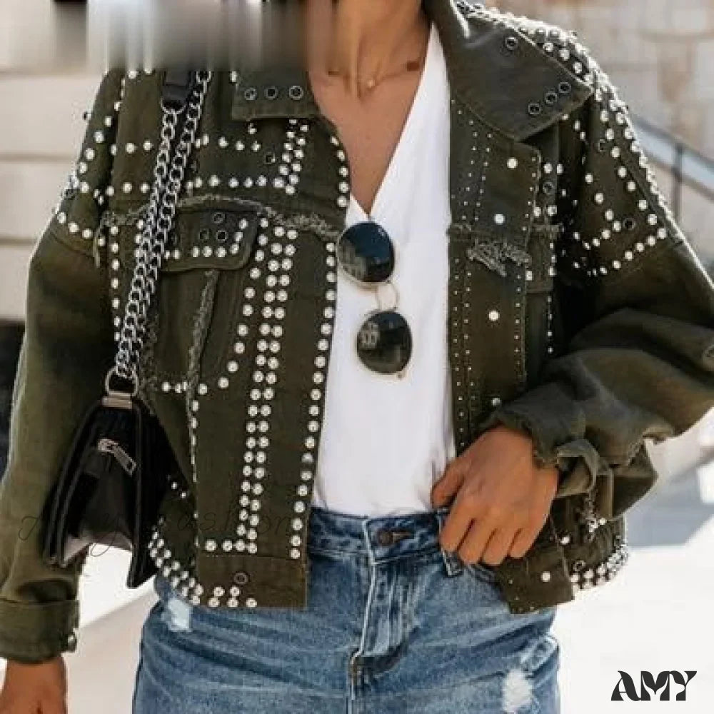 Amy Fashion - Outwear Studded Denim Coat