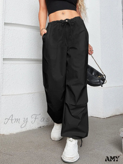 Amy Fashion - Oversized Drawstring Low Waist Slant Pocket Cargo Parachute Pants