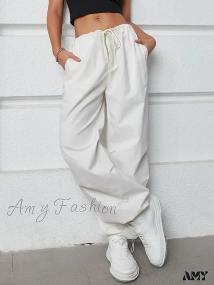 Amy Fashion - Oversized Drawstring Low Waist Slant Pocket Cargo Parachute Pants