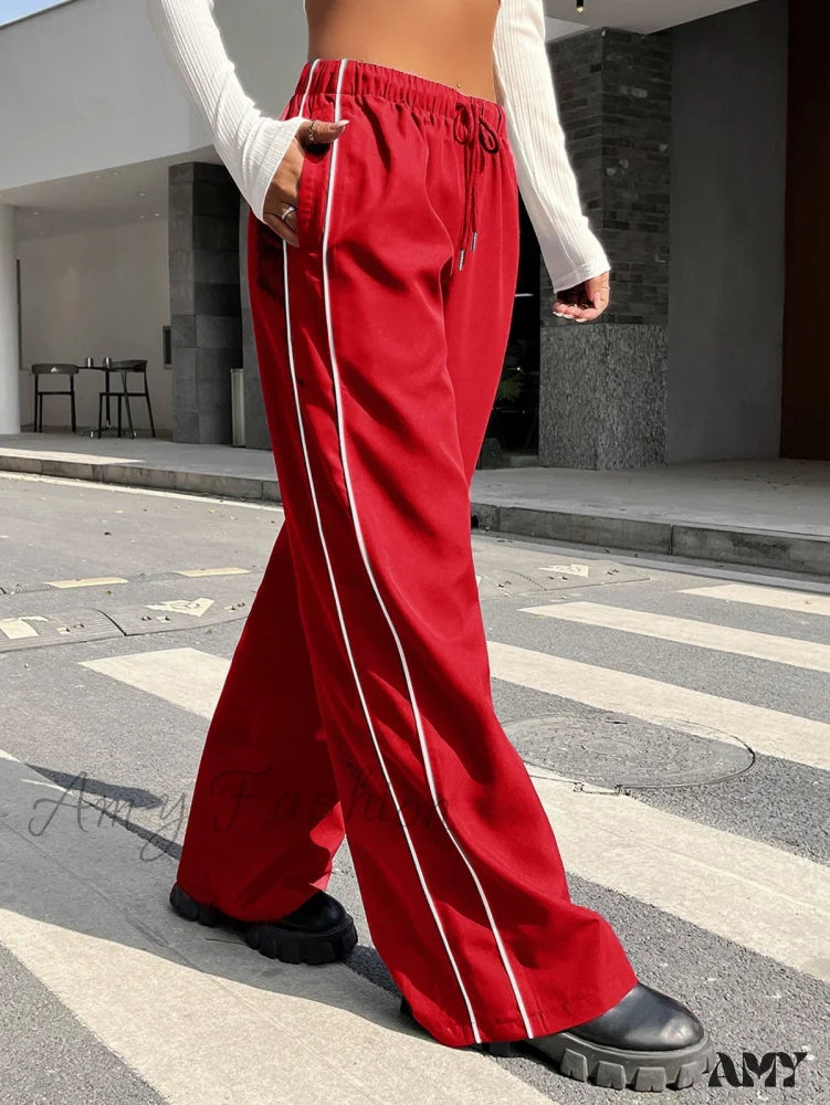 Amy Fashion - Piping Drawstring Waist Wide Leg Pants