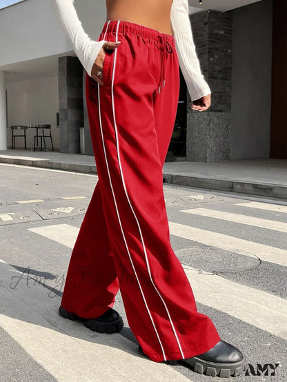 Amy Fashion - Piping Drawstring Waist Wide Leg Pants