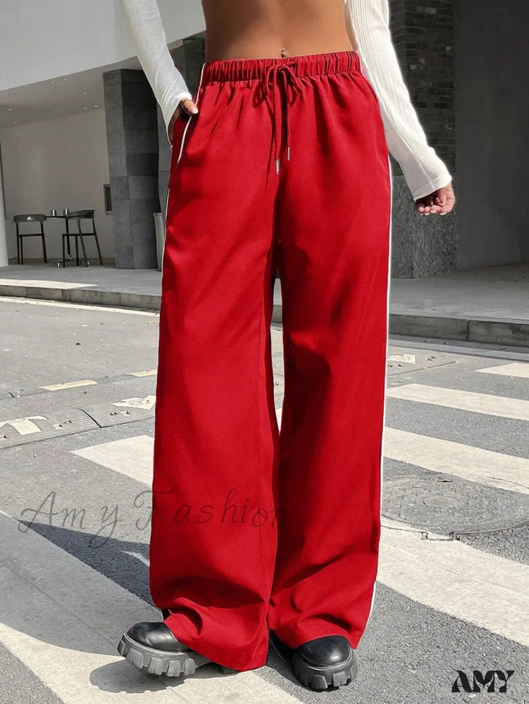 Amy Fashion - Piping Drawstring Waist Wide Leg Pants