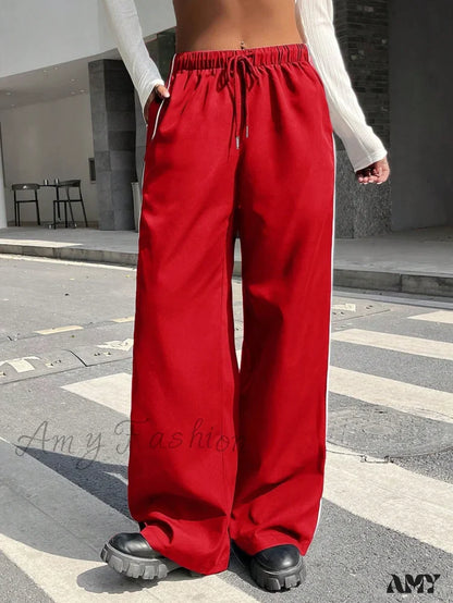 Amy Fashion - Piping Drawstring Waist Wide Leg Pants